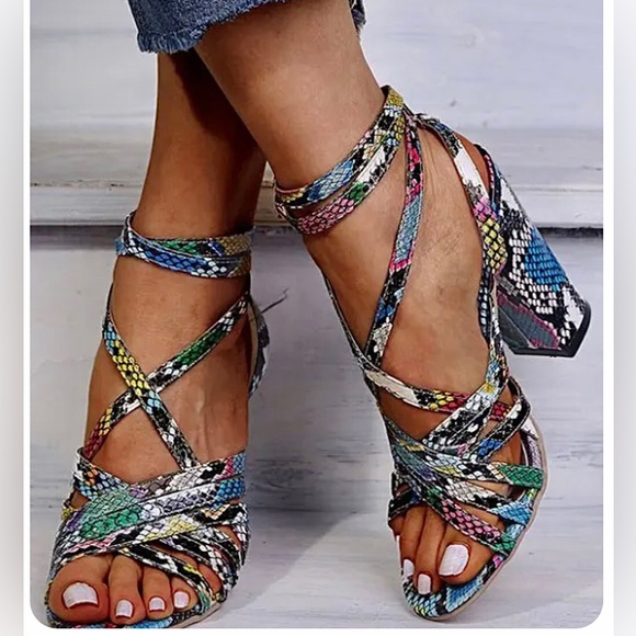 PAOTMBU Multicolor Ankle Strap Block Heel Sandals and Matching Bag 🔆 - Picture 2 of 12